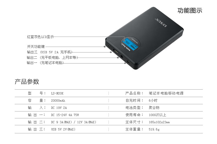筆記本電腦移動電源ls-n20k產(chǎn)品功能參數(shù)
